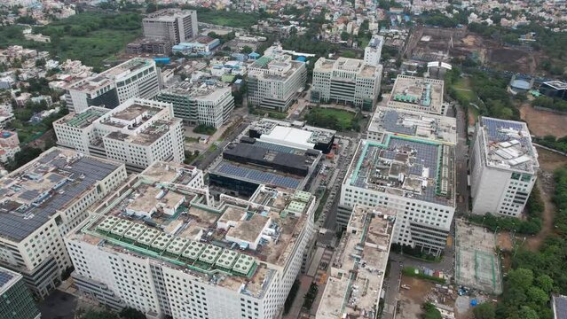 Aerial view of multiblock Information technology (IT) SEZ Commercial Project in the heart of the Indian city.