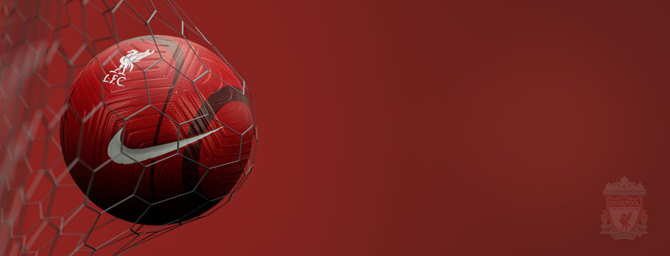 Guilherand-Granges, France - July 20, 2022. Premier League of England. Soccer ball in net with official logo of Liverpool FC. 3D rendering.