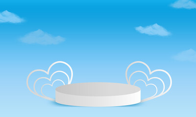Podium Heart stage stand on a soft light blue background with blue sky on a Mother day vector illustration Design for Artwork, website, Mocup, Greeting card, Background, Banner, poster, flyer 
