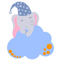 The cartoon elephant sleeps on a cloud. Good night, lullaby theme. Vector isolated on a white background.