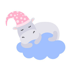 Cartoon hippopotamus sleeps on a cloud. Good night, lullaby theme. Vector isolated on a white background.