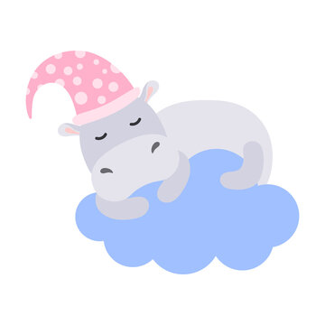 Cartoon hippopotamus sleeps on a cloud. Good night, lullaby theme. Vector isolated on a white background. © Владимир Маевский