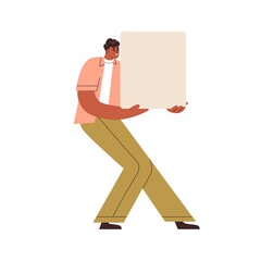 Black man holding empty paper card mockup for promo message. Happy young guy presenting smth on blank placard mock up. Ad board in hand. Flat graphic vector illustration isolated on white background