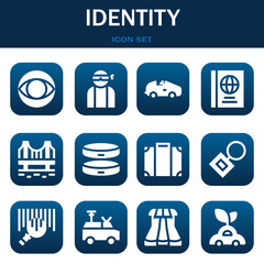 identity icon set. Vector illustrations related with Cbs, Hacker and Car