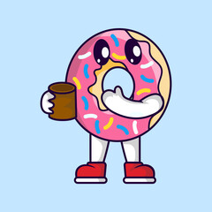 Cute donut mascot holding tea cup