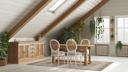 Farmhouse mezzanine living room in boho style. Dining table with chiars and wooden oak sideboard. Potted plants and decors. Bohemian interior design