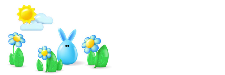 Horizontal banner with 3D objects. Blue bunny and sun, clouds, leaves and flowers