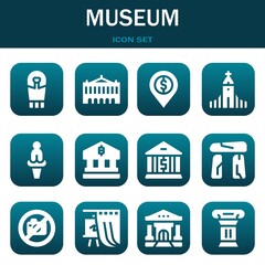 museum icon set. Vector illustrations related with Sarcophagus, Palais garnier and Bank