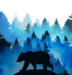 Bear in the forest. Watercolor blue forest. Spruces and pines. Vector illustration