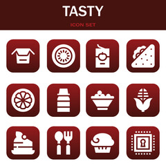 tasty icon set. Vector illustrations related with Noodles, Kiwi and Tomato sauce