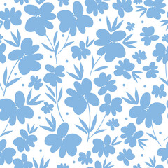 Obraz premium Simple vintage pattern. light blue flowers, leaves and dots. white background. Fashionable print for textiles and wallpaper.