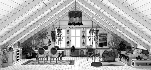 Blueprint unfinished project draft, mezzanine living and dining room in boho style with gabled ceiling. Dining table with chiars and sofa. Potted plants. Bohemian interior design