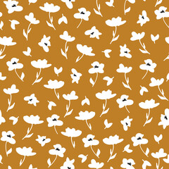 Simple vintage pattern. white flowers and  leaves. mustard  background. Fashionable print for textiles and wallpaper.
