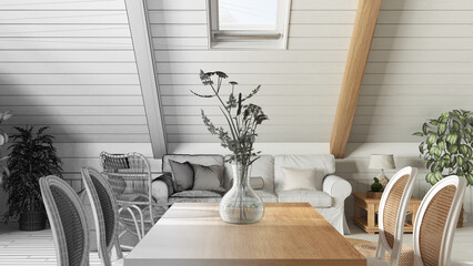 Architect interior designer concept: hand-drawn draft unfinished project that becomes real, bohemian dining table close up, living room in boho style with sofa in country mezzanine