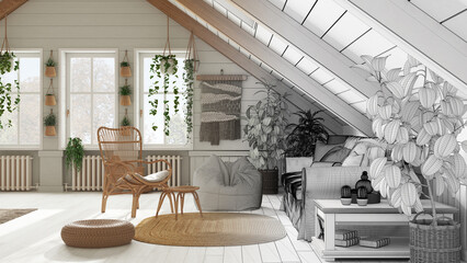 Architect interior designer concept: hand-drawn draft unfinished project that becomes real, farmhouse mezzanine living room in boho style. Sofa and rattan armchair, wooden side table