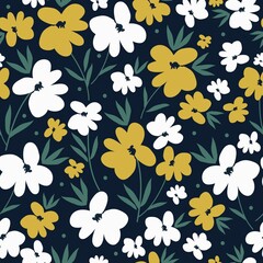 Simple vintage pattern. white and yellow  flowers, green leaves and dots.  dark blue background. Fashionable print for textiles and wallpaper.