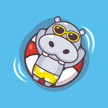 Cute hippo cartoon mascot character in sunglasses swimming on beach