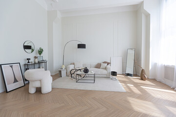 super white simple clean and stylish interior with modern furniture in nude color and contrasting...