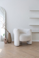 super white simple clean and stylish interior with modern furniture in nude color and contrasting...