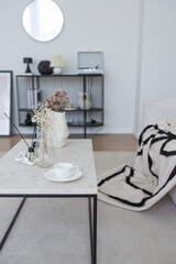 super white simple clean and stylish interior with modern furniture in nude color and contrasting black elements. luxury design of a large bright room living room