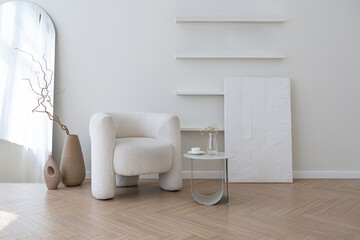 super white simple clean and stylish interior with modern furniture in nude color and contrasting...
