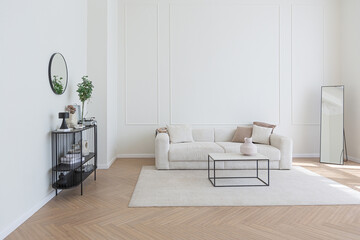 super white simple clean and stylish interior with modern furniture in nude color and contrasting...