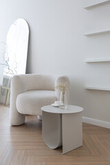 super white simple clean and stylish interior with modern furniture in nude color and contrasting black elements. luxury design of a large bright room living room