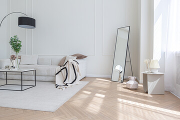 super white simple clean and stylish interior with modern furniture in nude color and contrasting...