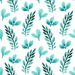 Seamless pattern of green leaves painted with watercolors on a white background. For fabric, sketchbook, wallpaper, wrapping paper.