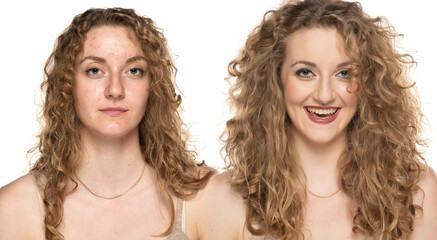 portrait of a young blond woman wihout and with styling on a white background