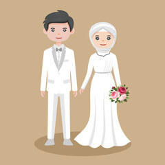 Obraz na płótnie Canvas Vector illustration of a Muslim couples marriage, with a Man wearing gray suit and Woman holding a flower in her hand wearing a white dress