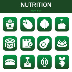 nutrition icon set. Vector illustrations related with Fries, Pistachio and Lettuce