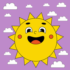 Funny cartoon character. Groovy element funky sun on an acid background with clouds. Vector illustration trendy retro cartoon style. Comic element for sticker, square poster, graphic tee print, card.