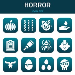 horror icon set. Vector illustrations related with Pumpkin, Candy and Clown