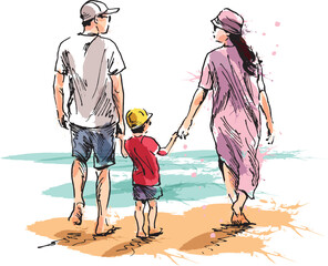 Colored hand sketch of a family on a walk. Vector illustration.