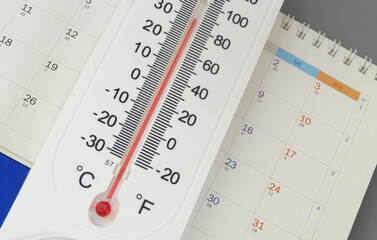 Weather forecast, thermometer with calendar close up.