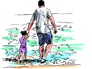 Colored hand sketch of father with daughter on the beach. Vector illustration.