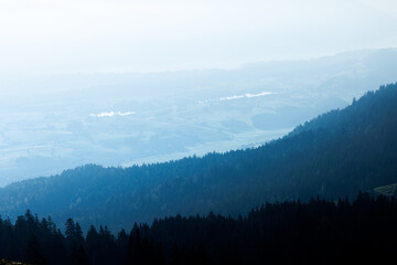 view from Gurnigel towards Thun and Lake Thun in bright morning light