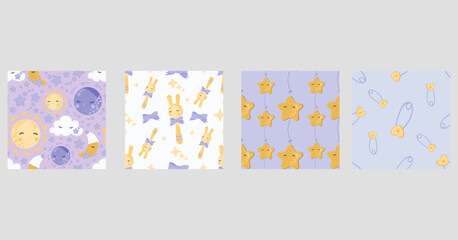 Set of baby girl seamless patterns with sun, moon, cloud, stars, baby soother, safety pin and bow
