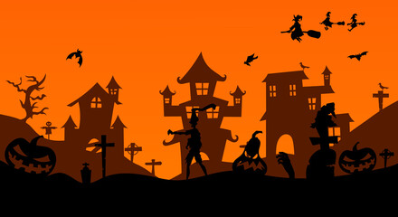 Happy Halloween banner. Halloween pumpkins and bats. Vector illustration.