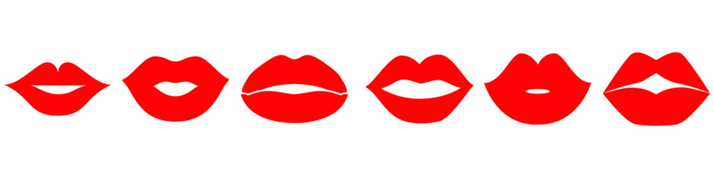 Woman's Lip Gestures Icon Set. Girl Mouths Close Up With Red Lipstick Makeup Expressing Different Emotions.