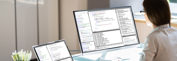 Fototapeta na wymiar Woman Programmer. Girl Coding Software