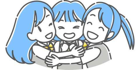 笑顔でハグする3人の女子高校生(シンプル)