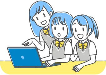 情報科の授業でノートパソコンの画面を見る3人の女子高校生(シンプル)