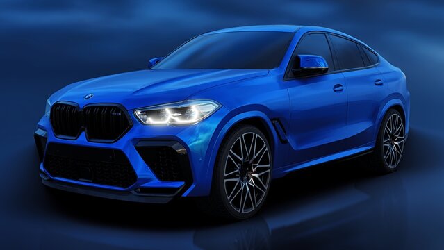 Berlin. Germany. June 10, 2022. Blue BMW X6M Competition III 2020 F96. 3d model of a sports SUV in a coupe body. 3d rendering.