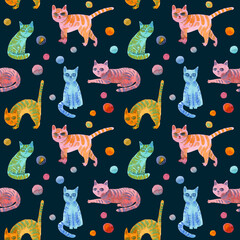 Seamless pattern of bright colorful cats painted in watercolor in sketch style on a dark background. For fabric, sketchbook, wallpaper, wrapping paper.