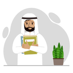 A muslim man holds a stack of books in his hands. Knowledge or education for future work, personal improvement, reading list.