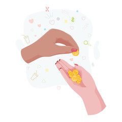 Hands with money Counting, giving, giving, receiving, squeezing and showing money. Payment for goods. Charity. Banking operations with cash. Vector illustration.