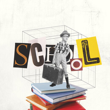 Back to school concept. Art collage with cute school age boy isolated on light background with cut out letters in magazine style. Childhood, education, studying