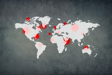 World map, outbreak of  a virus, infectious disease spreading, worldwide pandemic 